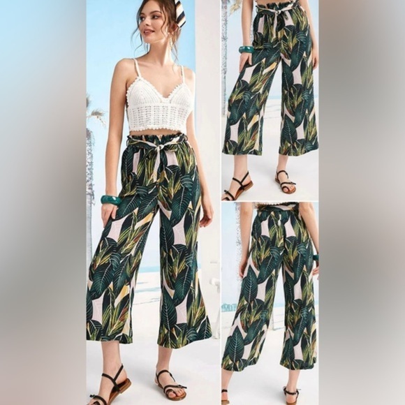 Women’s High Rise Wide Leg Tropical Palm Leaf Palazzo Pants Large NWOT - Picture 2 of 9